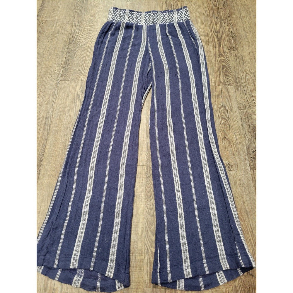 INDIGO REIN Wide Leg Linen Blend Pants Navy Blue Gray Stripe Pull On BOHO Small